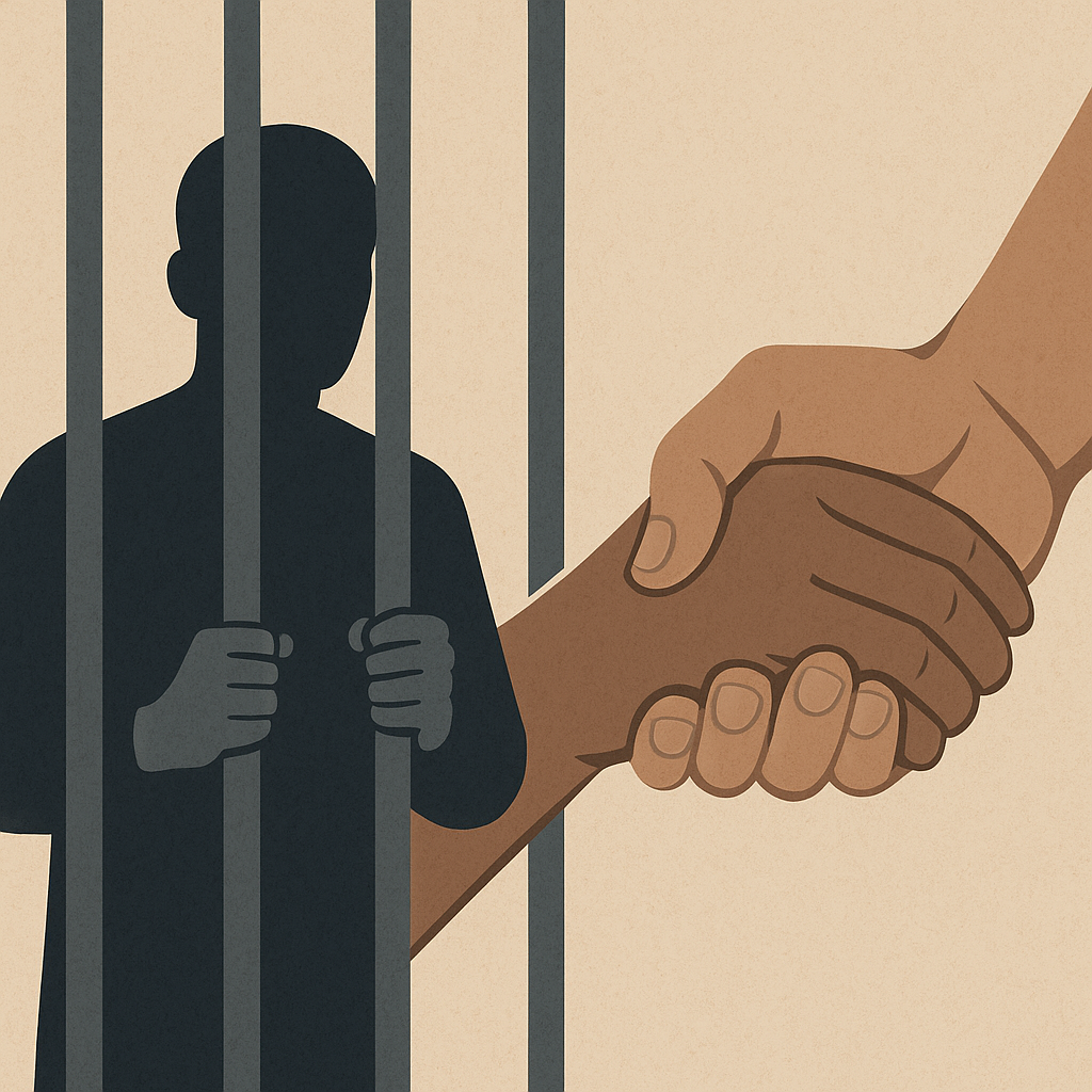 Podaná ruka vězni za mřížemi jako symbol podpory pro rodiny odsouzených.