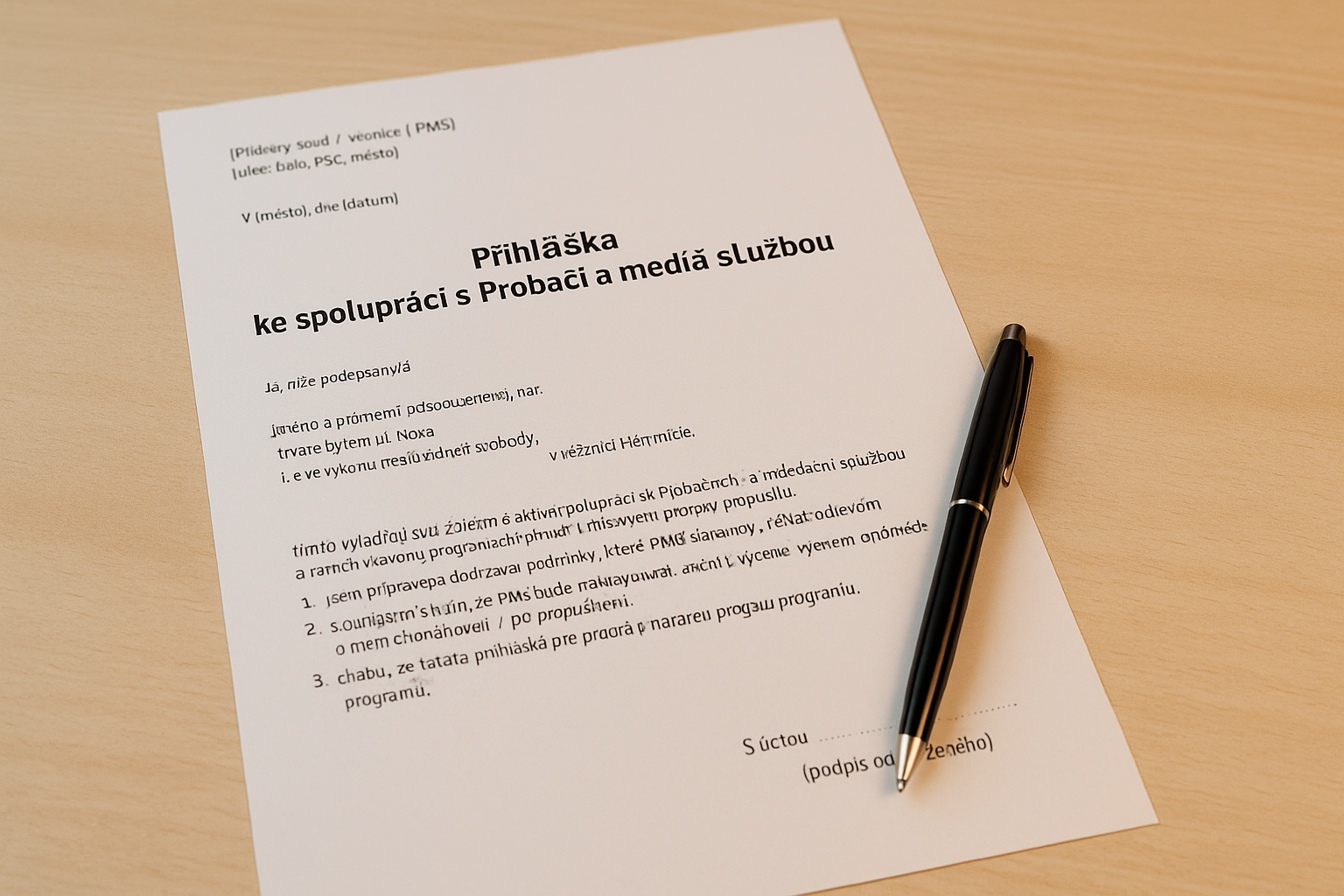 Ilustrační fotografie – přihláška ke spolupráci s Probační a mediační službou, dokument a pero na stole.