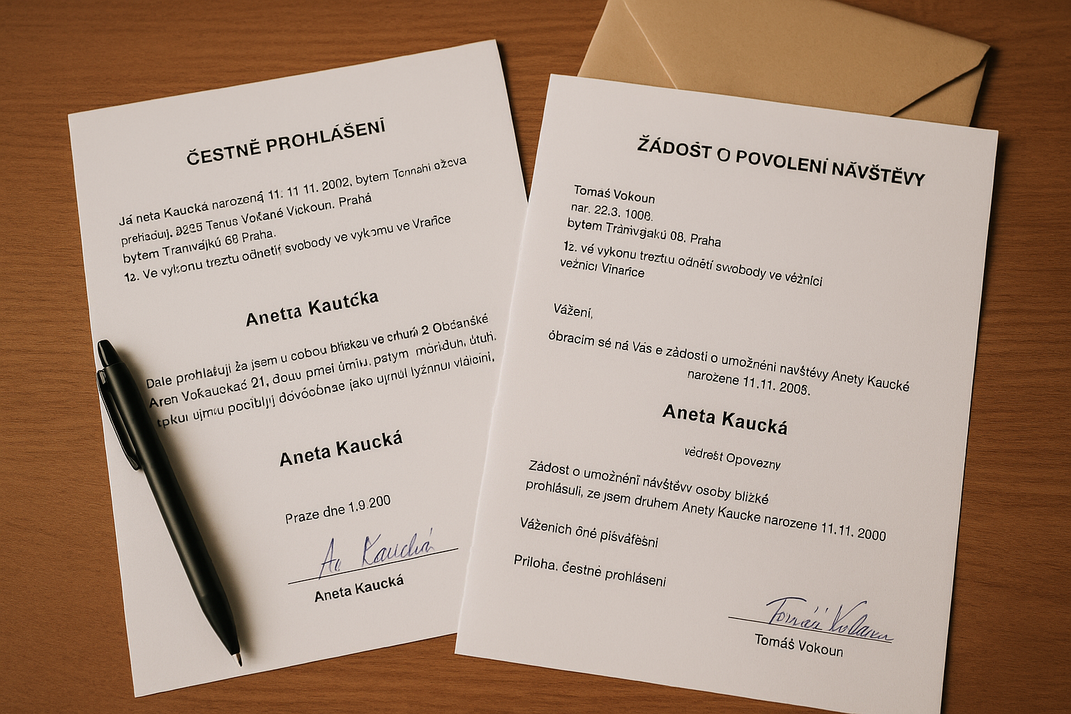Ilustrační fotografie – čestné prohlášení a žádost o povolení návštěvy ve věznici, dva podepsané dokumenty a pero na stole.