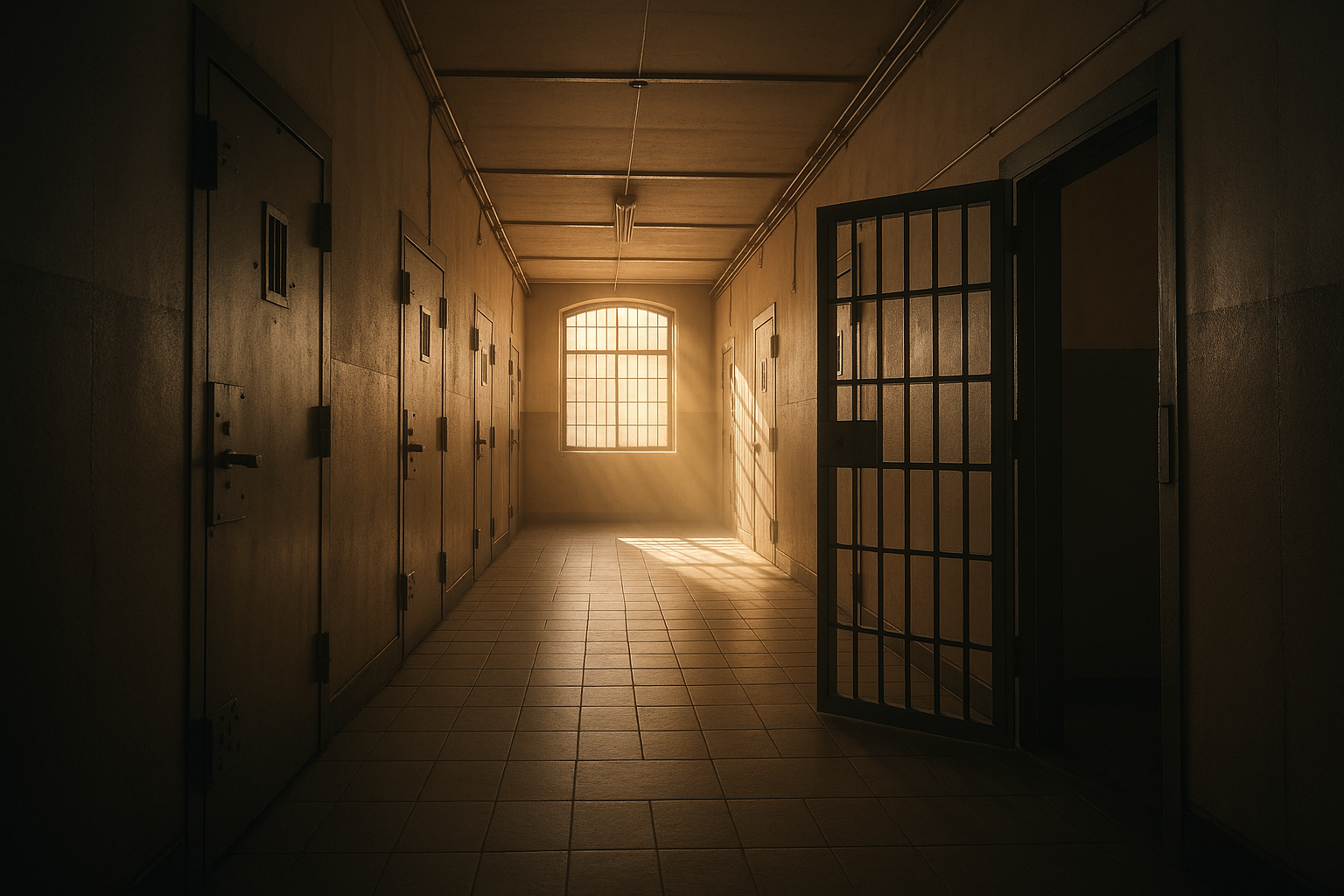 Ilustrační fotografie – vězeňská chodba s otevřenými dveřmi cely, světlo dopadá dovnitř, symbol naděje.