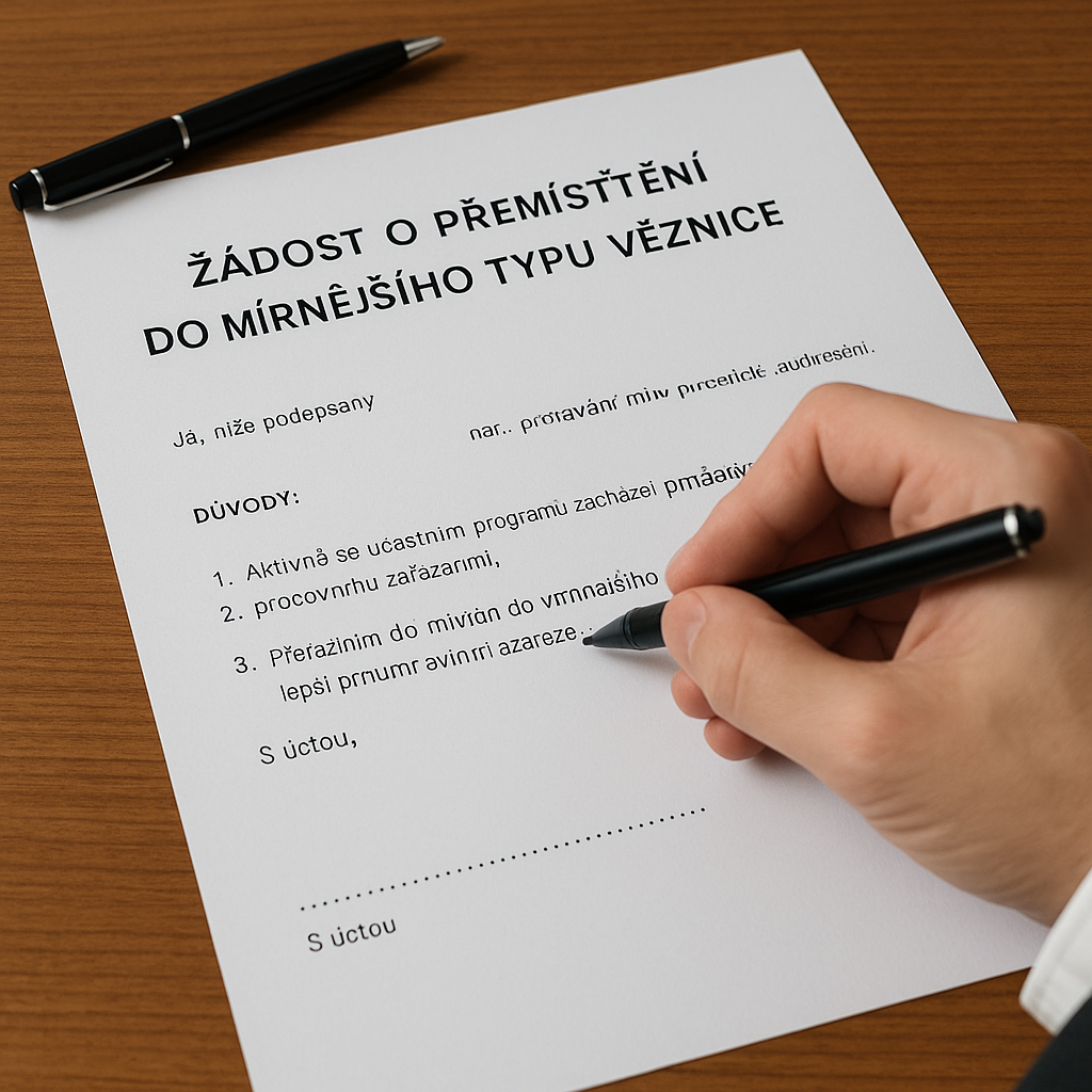 „Ilustrační obrázek – žádost o přemístění do mírnějšího typu věznice, ruka podepisující dokument na stole.“