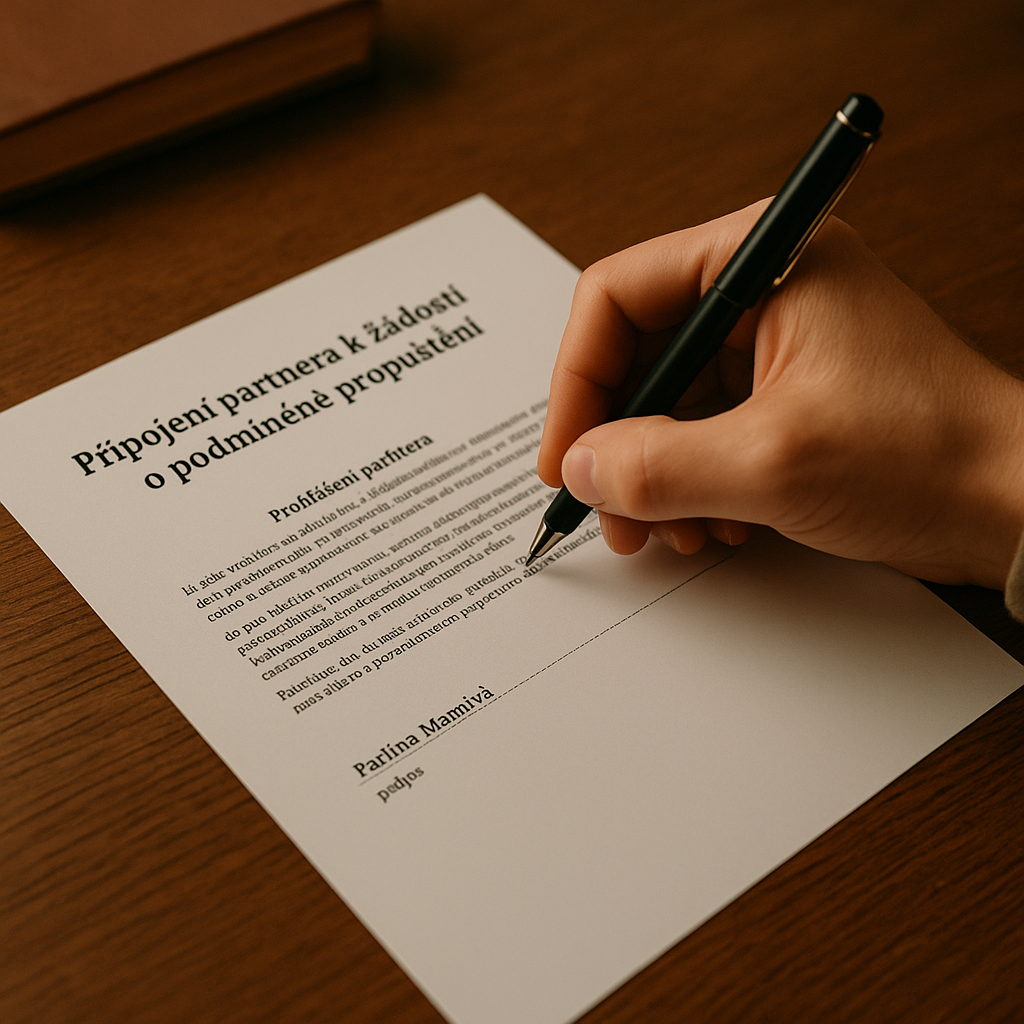 „Ruka podepisuje prohlášení partnera k žádosti o podmíněné propuštění, ilustrační fotografie pro web Obase.cz.“