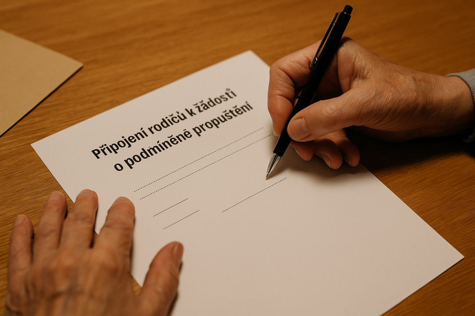 Ilustrační obrázek – rodiče podepisují prohlášení k žádosti o podmíněné propuštění, symbol podpory a rodinného zázemí
