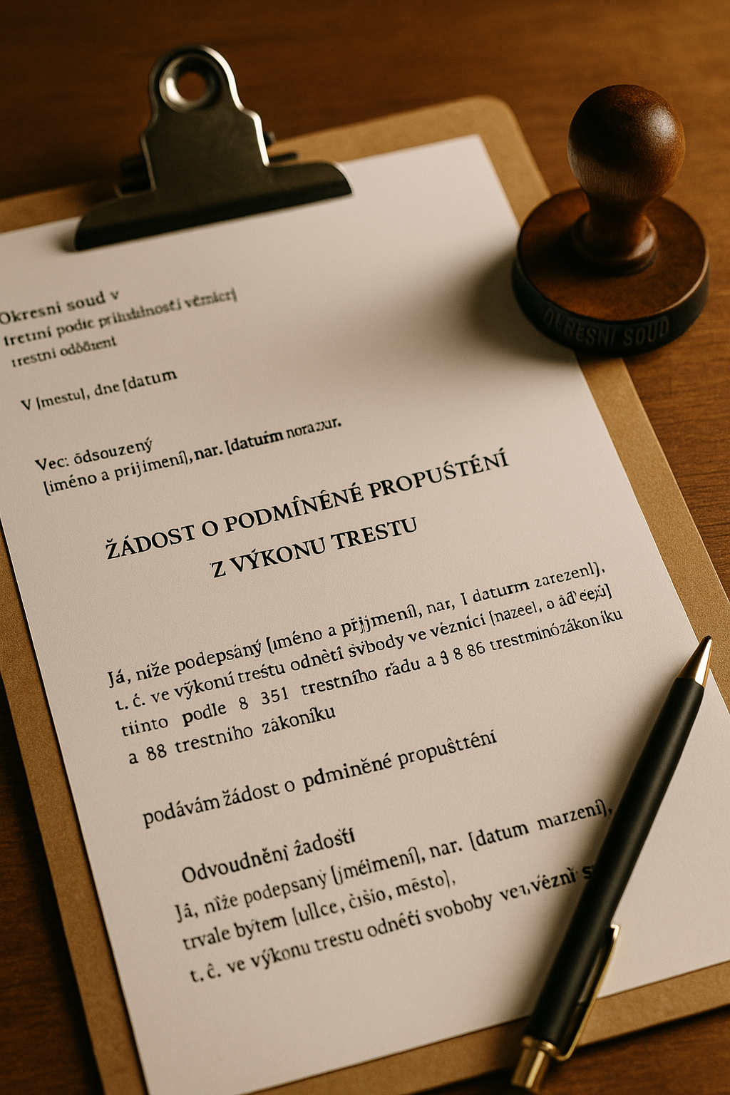 Ilustrační fotografie – žádost o podmíněné propuštění z výkonu trestu, dokument s razítkem soudu a perem na stole.