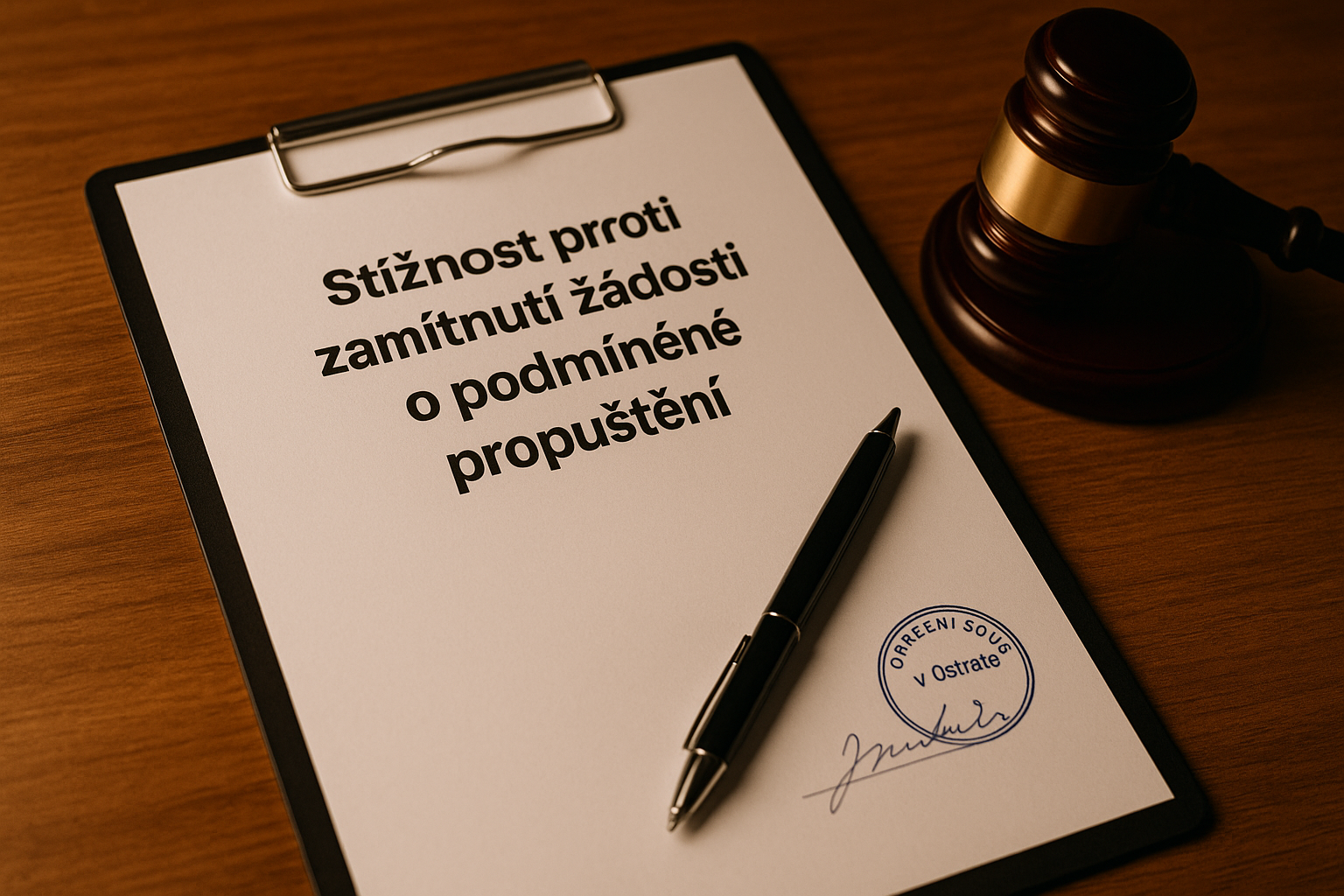 lustrační obrázek – stížnost proti zamítnutí žádosti o podmíněné propuštění, dokument s podpisem a razítkem soudu, důstojná atmosféra